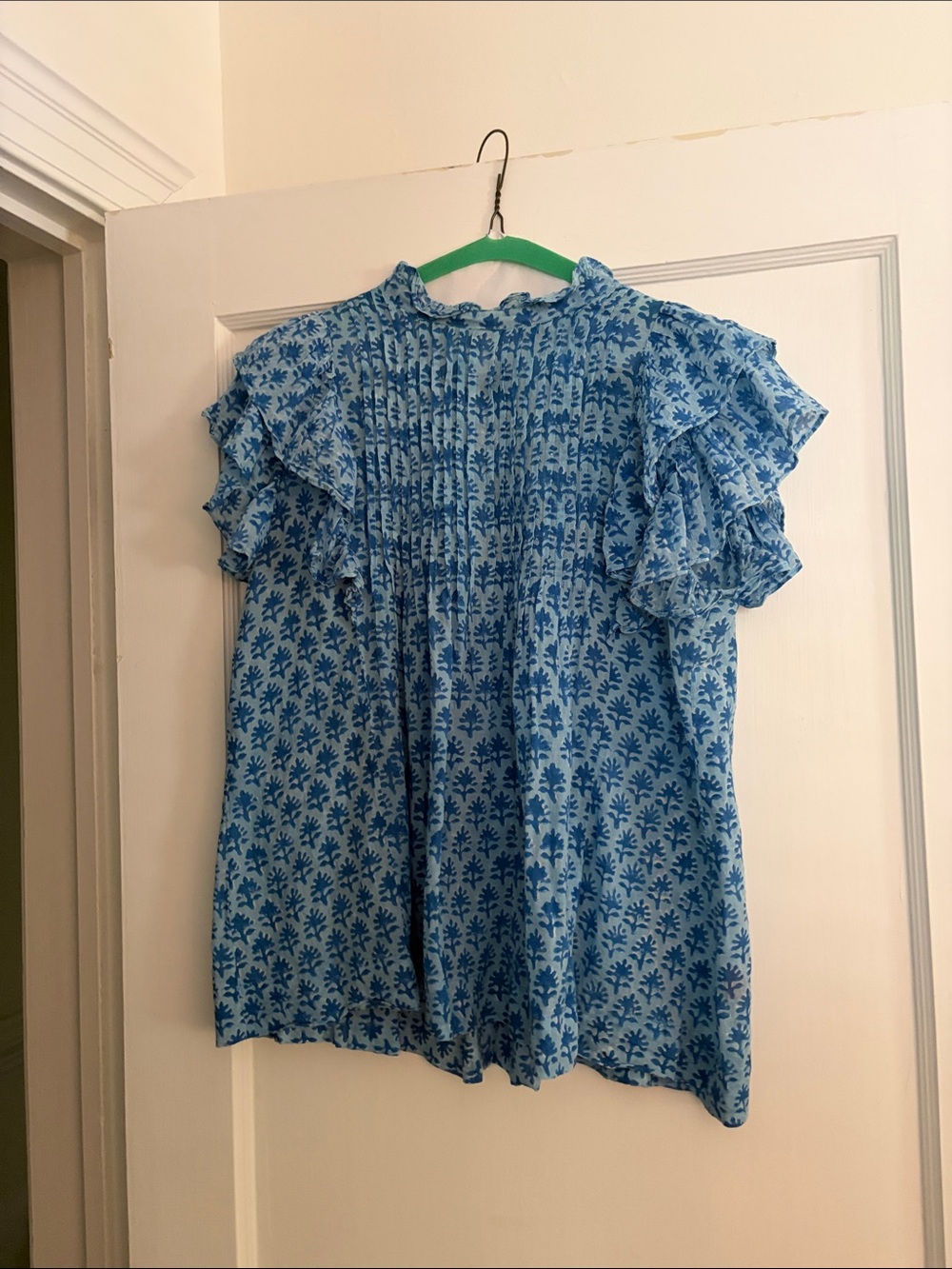 Oliphant Blue Printed Ruffle Sleeve Blouse